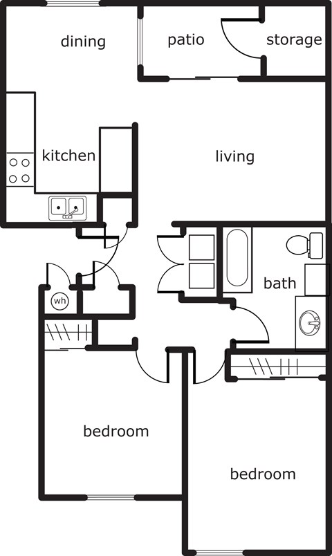 Floor plan for 2 beds, 1 bath, 962 sqft